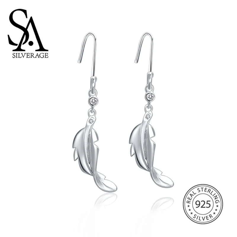 SA SILVERAGE S925 Sterling Silver Long Feather Eardrop Earrings Female Birthday Gift 925 Sterling Silver for Women Fine Jewelry