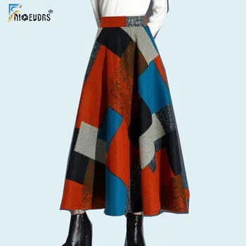 

Women's Winter A-Line Max Long Western Plaid Floral Printed A Line Retro Woolen Skirt High Waist Long O218