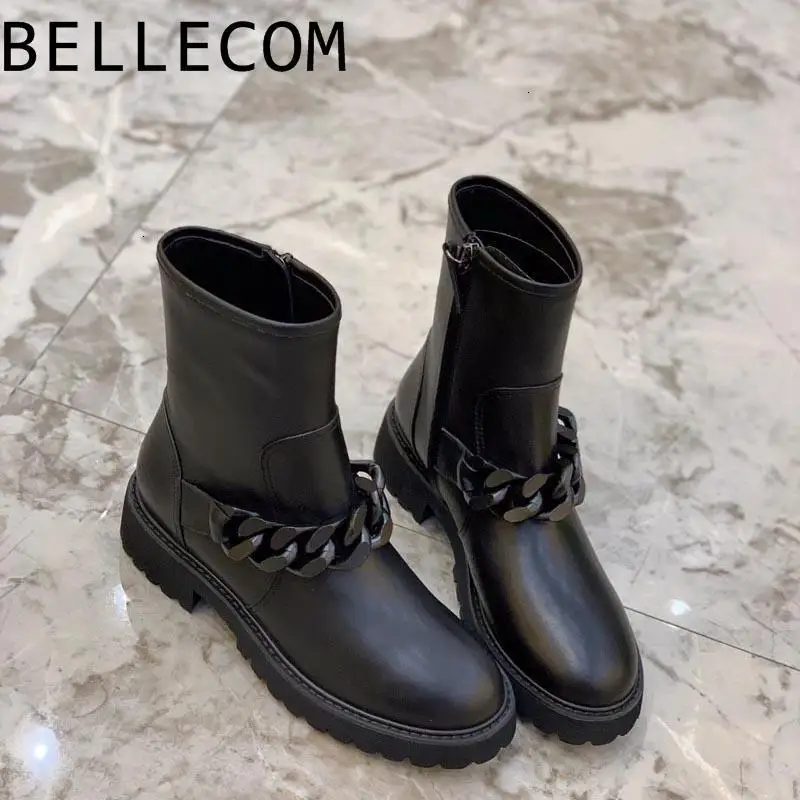 

BELLECOM Dark Locomotive Wind Metal Chain Martin Boots Women's Singles Boots 2019 Winter With Genuine Leather Side Zipper Short