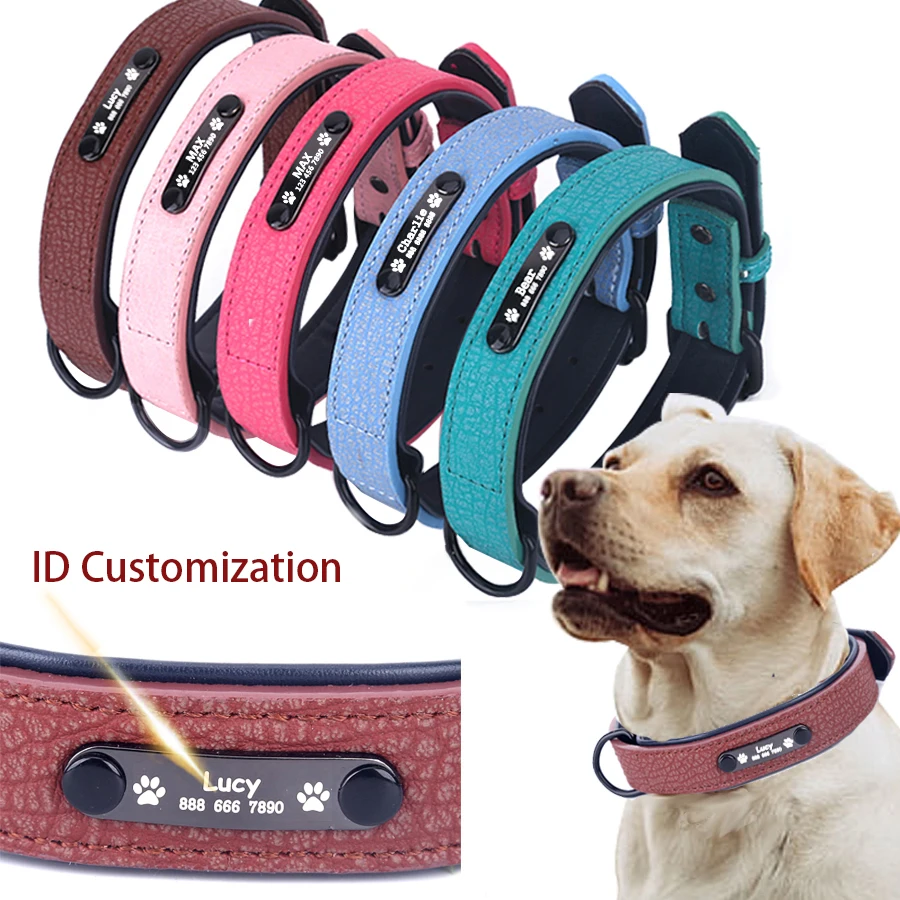 

Personalized Leather Custom Dog Collars adjustable Soft Dog Collar Name ID Tags For Cat puppy Large Dogs collar Pet Accessories