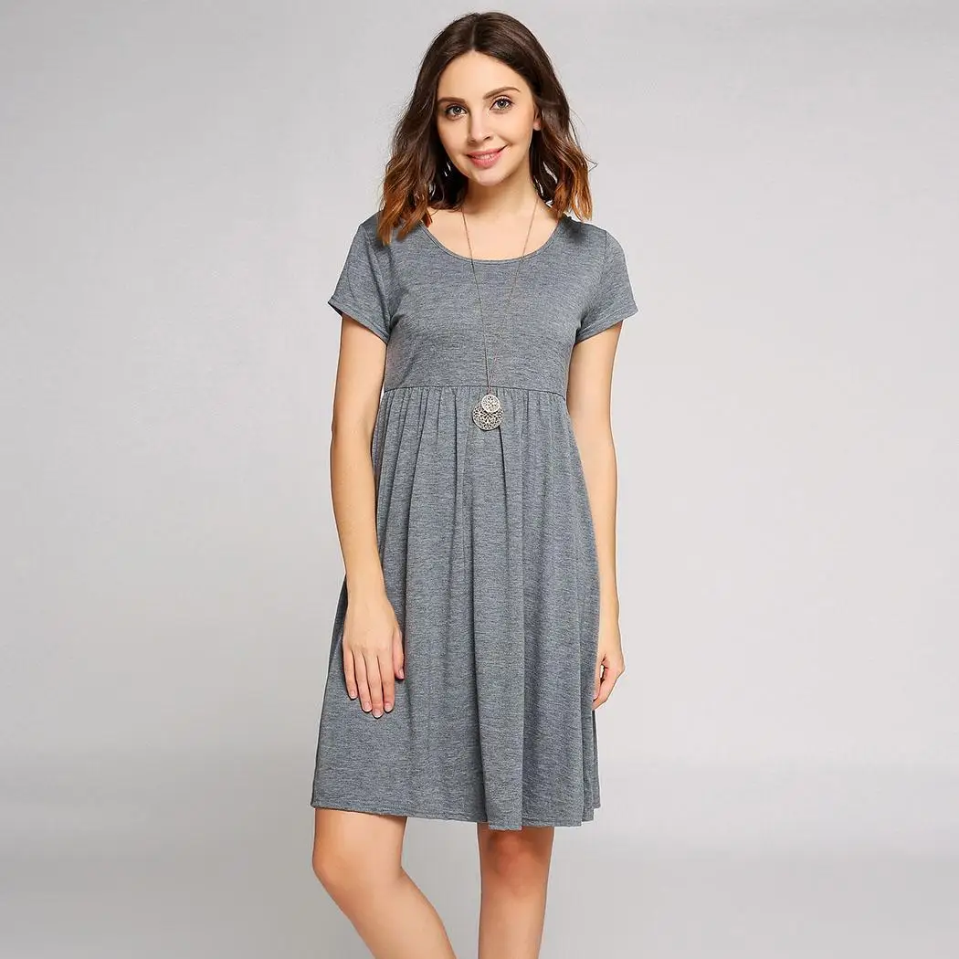 Solid Short Sleeve Scoop Collar Smock Casual Women Dress Height 174cm Bust 85cm Waist 60cm Hip 89cm | Женская одежда