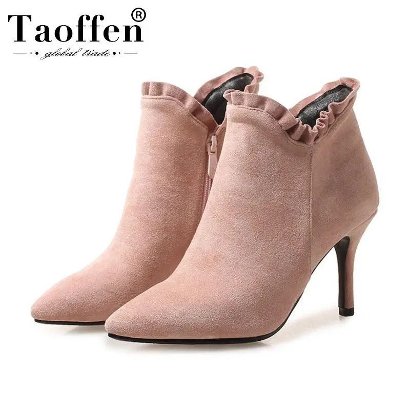 

Taoffen 2020 Women Ruffles Short Boots Zipper Pointed Toe Thin High Heel Office Shoes Woman Pink Boots Footwear Size 33-43