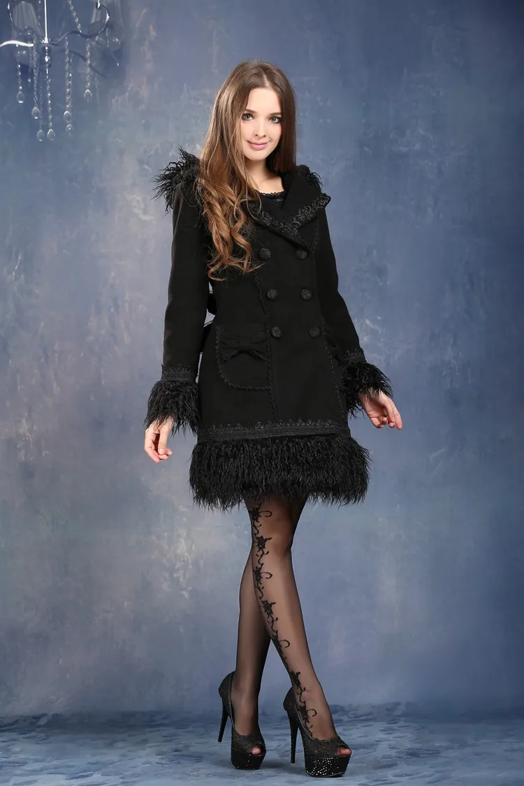 Панк рейв Готическая Лолита женские меховые шубы с капюшоном стимпанк модные черные с длинным рукавом Теплые Длинные куртки верхняя одежда пальто