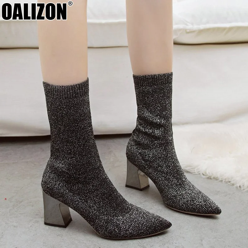 

Winter Stretchy Fashion Knitting Women Bottine High Square Heels Lady Female Mujer Booties Sock Botas Mid-Calf Boots Shoes R669