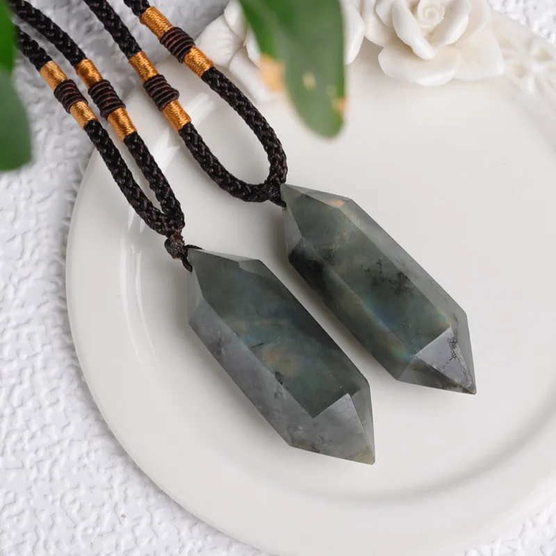 Natural Double Terminated Pointed Crystal Column Labradorite Moonstone Pendant Gemstone Reiki Healing Crystals Amulet Necklace 5