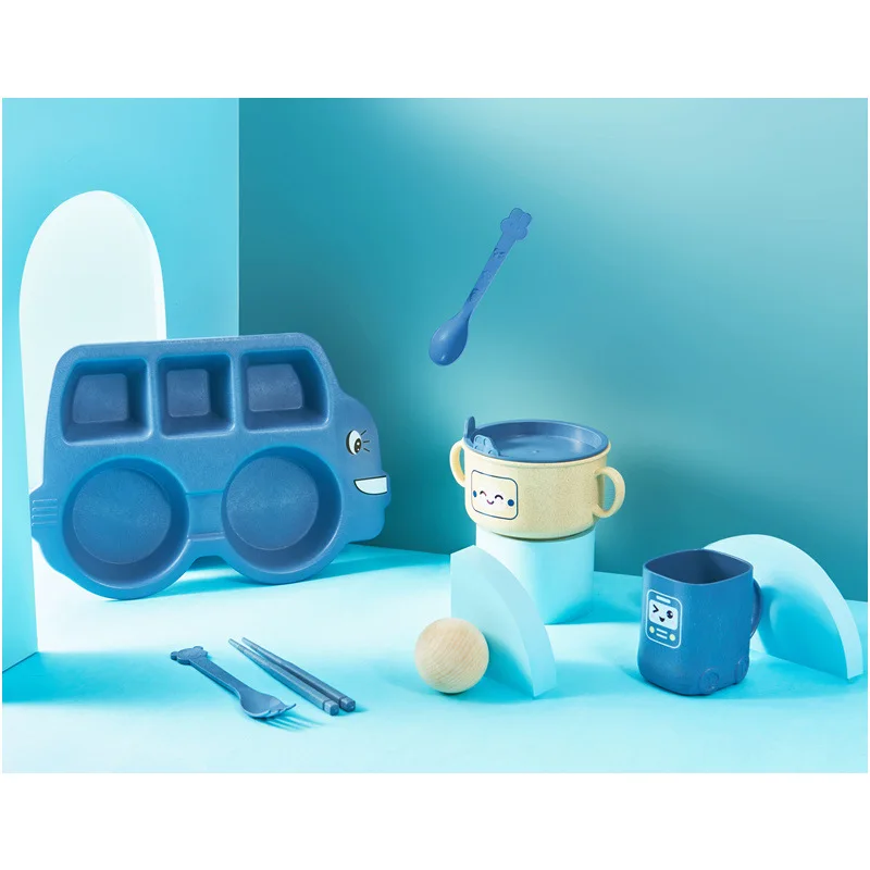 Children's tableware set bowl spoon fork feeding training meal cartoon creative car animal anti-scalding wheat straw plate | Мать и