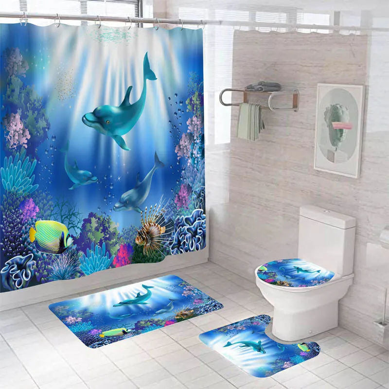 Dolphin Bathroom Shower Curtain Anti-Slip Bath Mat Carpet Rug Lid Toilet Cover 
