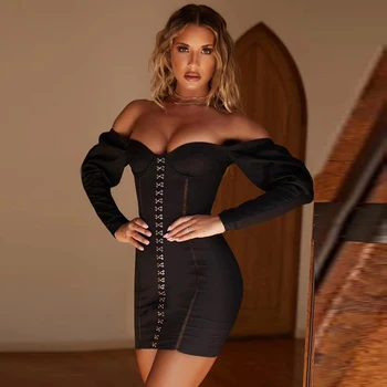 

Babatique 2019 Sexy Black White Off Shoulder Long Sleeve Fashion Design Bandage Dress Women Celebrity Party Dress Wholesale