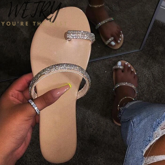 

new rhinestone bright diamond slippers crystal Hollow flat Slide ladies open toe Comfort slip on Outdoor beach sandals