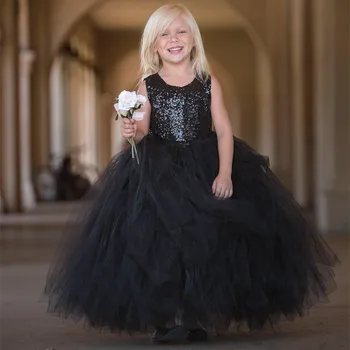 

Flower Girl Dresses for Wedding in Black Sequin with Black Tulle skirt Kids Birthday Children Girls Party Gowns