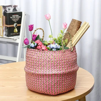 

Seagrass Storage Baskets Foldable Laundry Straw Patchwork Wicker Rattan Belly Garden Flower Pot Planter Basket With Handle Red