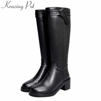 

krazing pot Korean style black colors knight boots round toe high heels back Zipper buckle women keep warm thigh high boots L22