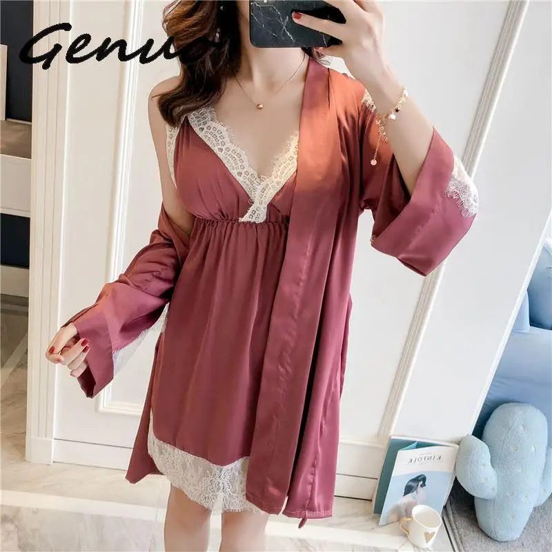 Летний женский халат, набор платьев с нагрудными накладками, Сексуальная атласная Шелковая пижама для подружки невесты, кружевная ночная рубашка, платье без рукавов