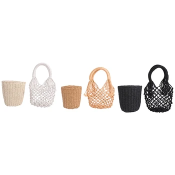 

Women Handbags Mesh Rope Net Bags Ins Chic Summer Beach Bags Hollow Out Basket Composite Bag Leisure Bag For Girls Black