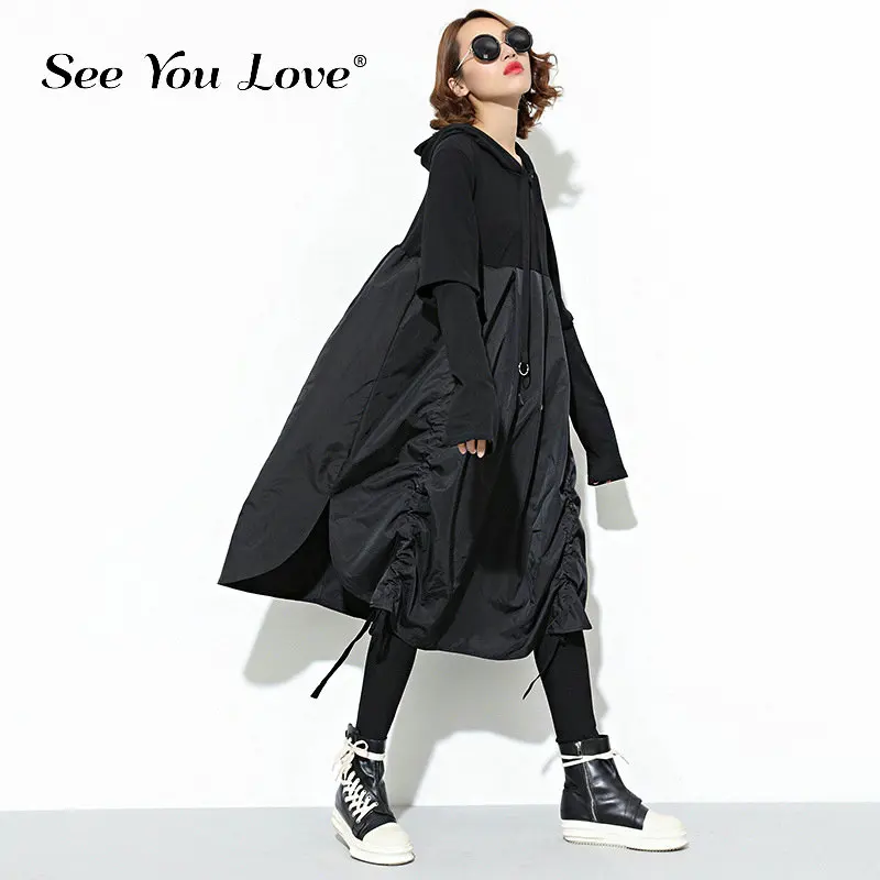 

See you love 2019 New Spring Autumn Hooded Long Sleeve Drawstring Black Fold Split Joint Loose Long Dress Women Fashion Tide
