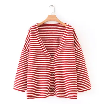

Fashion New Xiaozhou 46-19146 European and American fashion stripes V-necked cardigan jacket