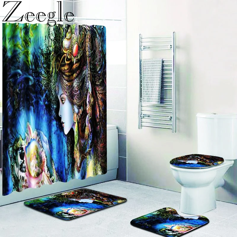 Colorful Woman Printed Waterproof Bathroom Bath Mat Polyester Shower Curtain Non Slip Toilet Seat Cover Bath Rug Bathroom Carpet