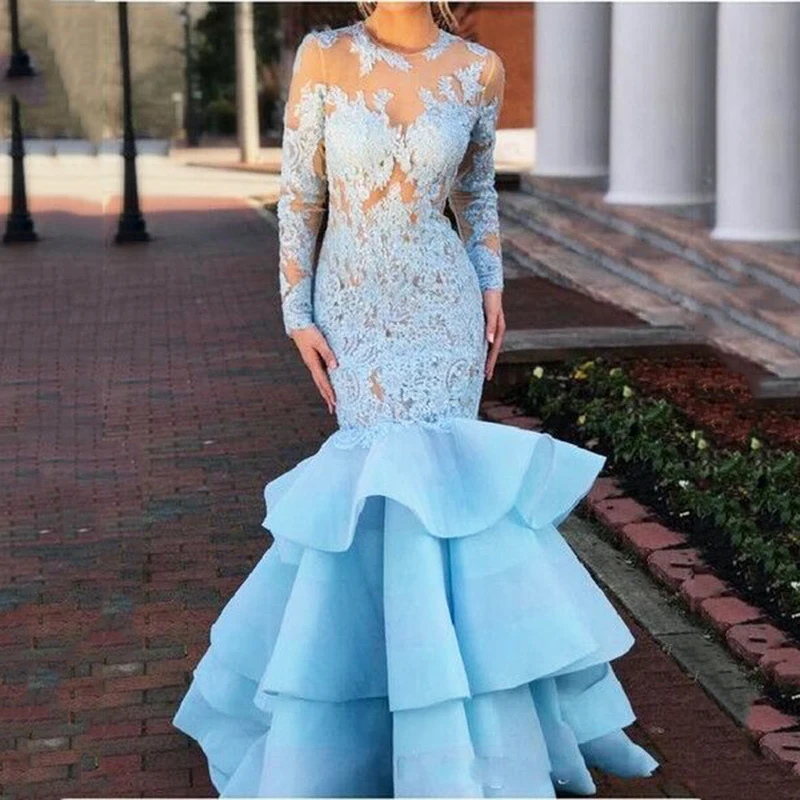 Bescheiden Light Sky Blue Illusion Lange Mouwen Avondjurken 2019 Lace Mermaid Prom Jurken Ruches Rok Avondjurk Bescheiden Light Sky Blue Illusion Lange Mouwen Avondjurken 2019 Lace Mermaid Prom Jurken Ruches Rok Avondjurk