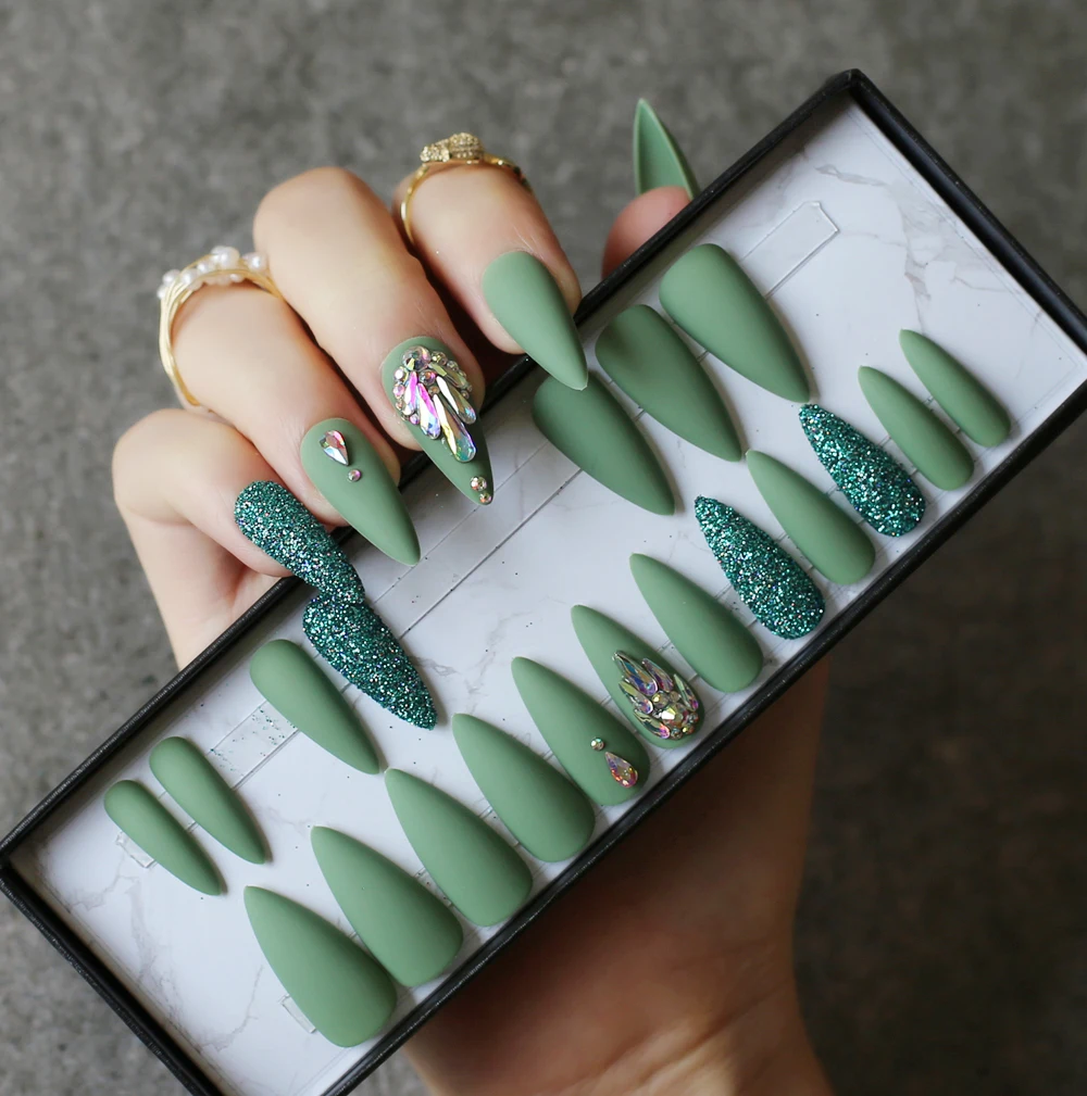 Completo de Unhas Peças de Pçs Azeitona Verde Salão Stiletto Unhas Falsas Diy Cristal Glitter Conjunto Caixa Personalizada 24