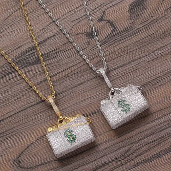 

Hip Hop AAA+ Cubic Zirconia Paved Bling Iced Out us Dollars Money Handbag Pendants Necklace for Women Fashion Jewelry