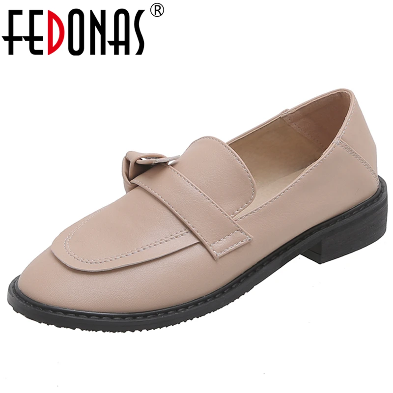 FEDONAS 2020 Spring New Women Classic Concise Loafers Shoes Solid Color Butterfly Knot Round Toe Low Heel Slip-On Shoes Woman afbeelding