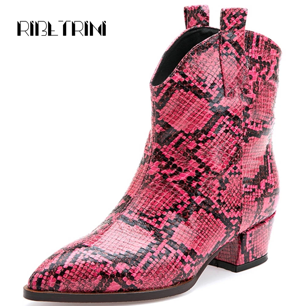 

RIBETRINI Sexy Snakeskin Chelsea Style Boots Chunky Heels Pointed Toe Shoes Woman Casual Dress Western High Top Ankle Boots