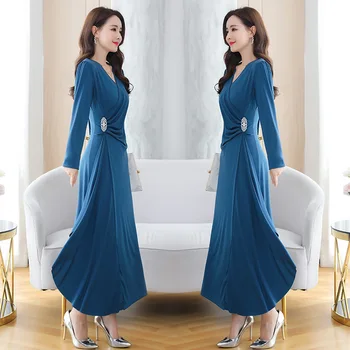 

Spring and Autumn New Style Mom Elegant Deep V-neck Large Size Medium-length Dress Female Slim Fit Slimming Banquet Dress