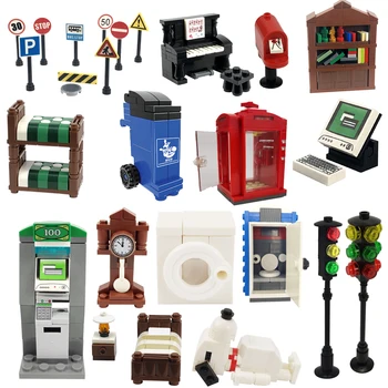 

City Building Blocks Trash Can Ashbin Mailbox Piano Traffic Sign Bookshelf Beds ATM Telephone Clock Traffic Light MOC City Model