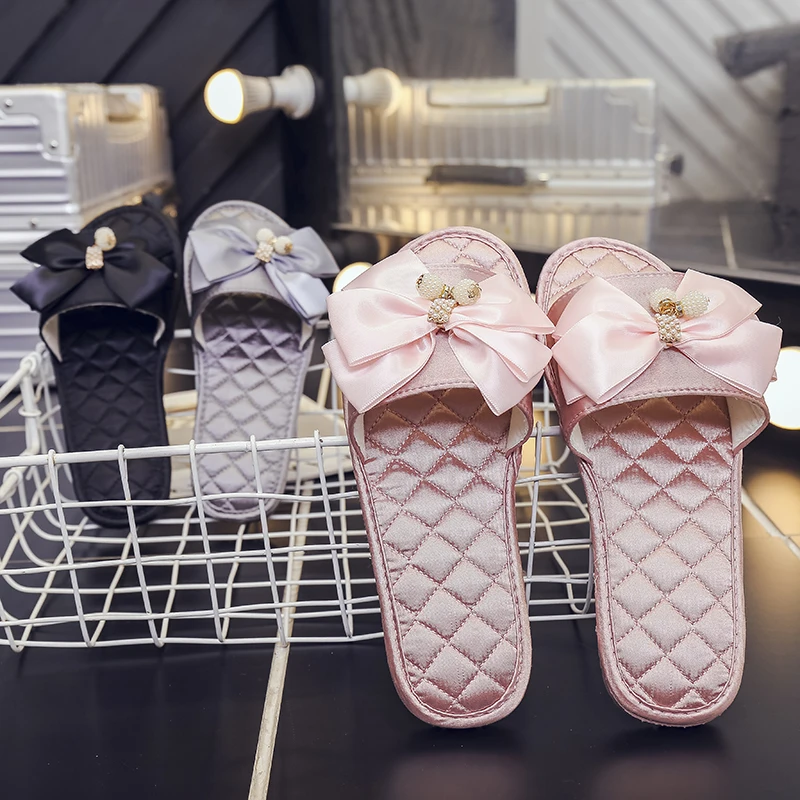 

New Home Shoes Home Shoes Women's Silk Indoor Non-slip Satin Bathroom Slippers Female Bow Peep Toe Comfort Flat Slippers