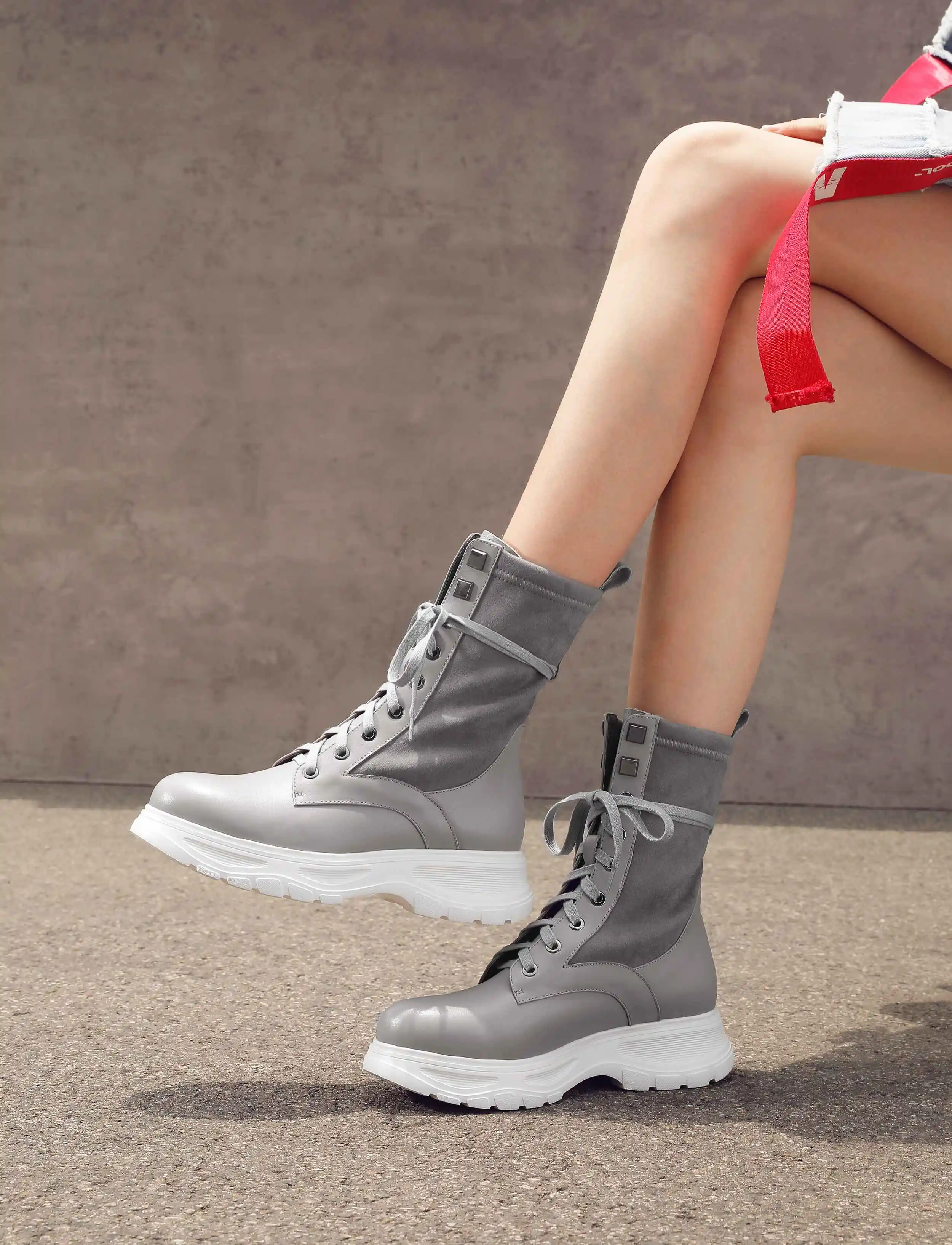 krazing pot cow leather round toe sweet med heel solid concise casual thick bottom lace up plus size stretch mid-calf boots l9f8