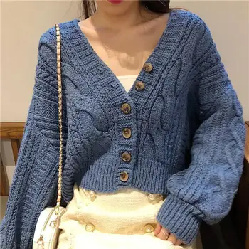 

Cardigan Women Women's Cardigan Korean Style The Retro Solid Color V-neck Knitted Cardigan Sweater Coats Autumn Winter