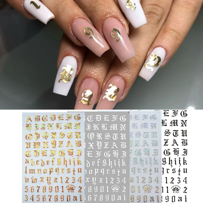Дизайн ногтей 3D переводные наклейки числа буквы алфавита дизайн ногтей белый черный золотой акриловый инструмент для ногтей