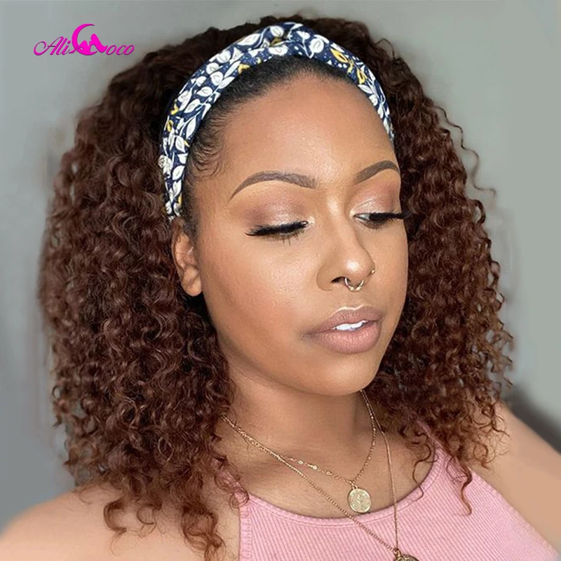 Afro Curl Human Hair Wig For Black Women Chocolate Brown Colored Curly Headband Wig 200 Density Curly Human Hair Wig Ali Coco