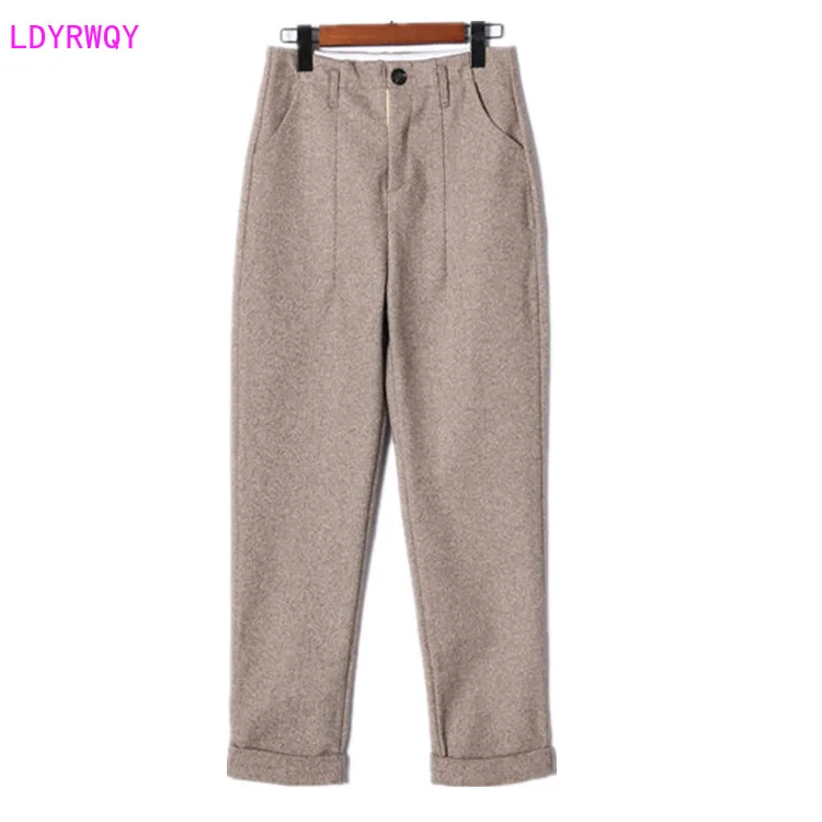 

2020 spring and autumn new Korean women's fashion herringbone woolen high waist loose casual harem pants Button Zipper Fly