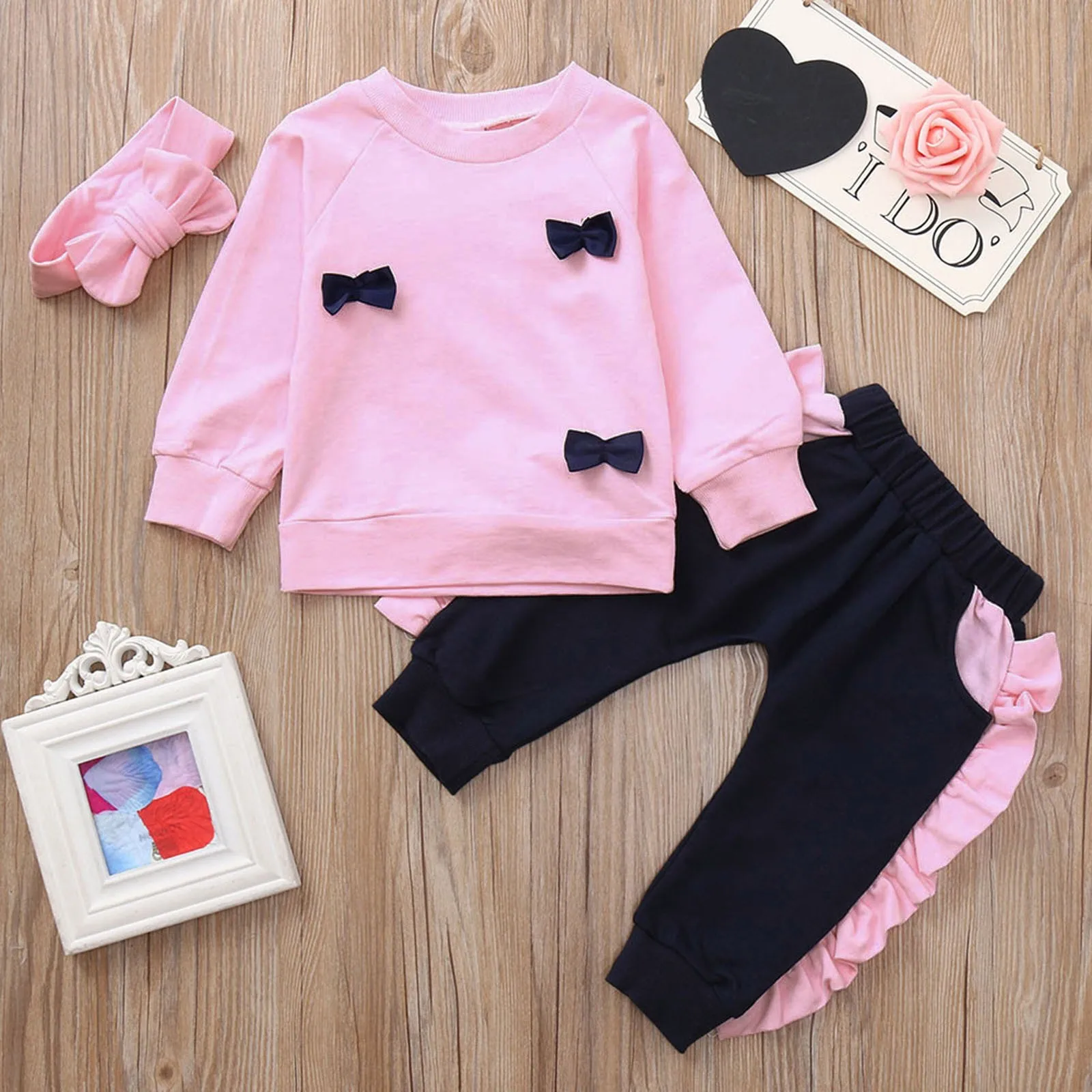 

Bowknot Baby Girl Clothes Long Sleeve Bow Top Pink Ruffles Long Pants Headband Outfits Clothes Sets Christmas Kids Clothes Girls