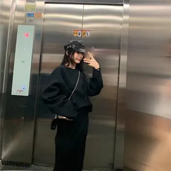 

Elegant Ladies Solid Cashmere Sweater Skirt 2 Piece Set Winter Women O Neck Long Sleeve Knitted Pullovers Skirt Suits