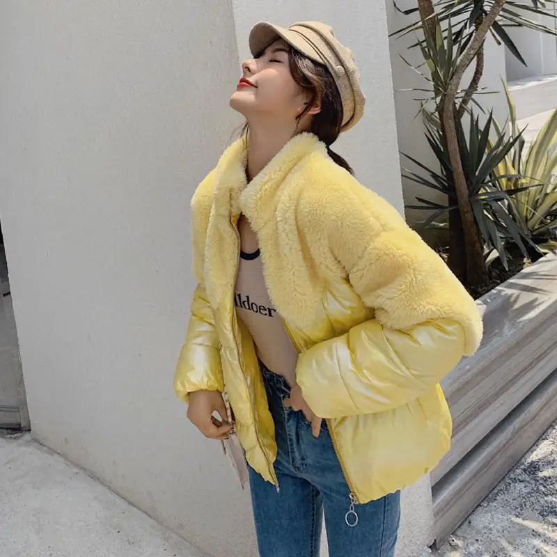 FTLZZ Bright Side Patchwork Lamb Fur Coat Winter Women Cotton Padded Jacket Female Thicken Warm Snow Glossy Short Outwear - Цвет: Цвет: желтый