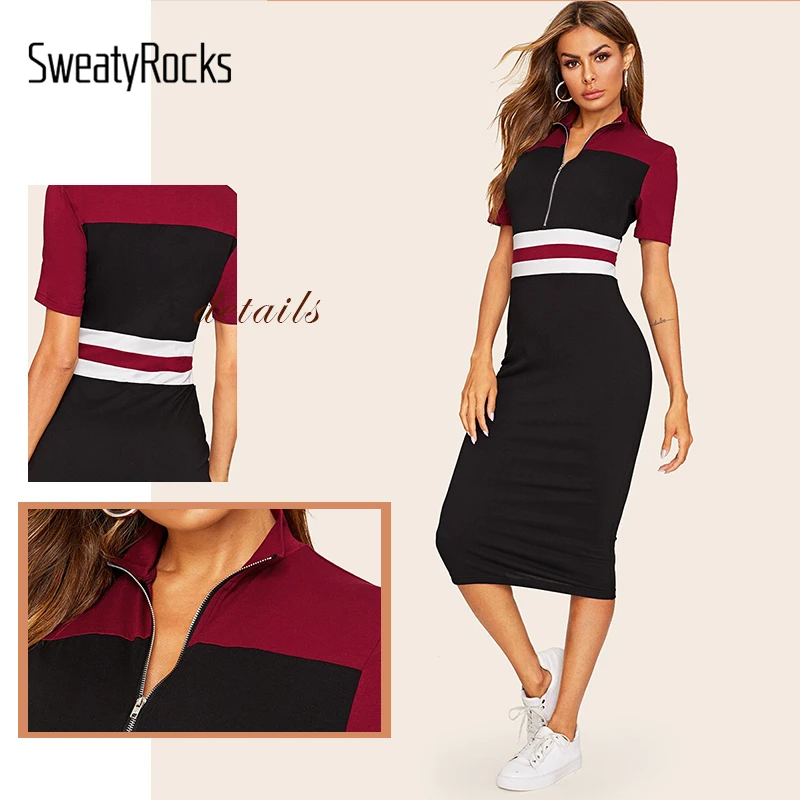 SweatyRocks Colorblock половина толстовка на молнии платье женские облегающие платья карандаш одежда для активного отдыха женское летнее длинное платье