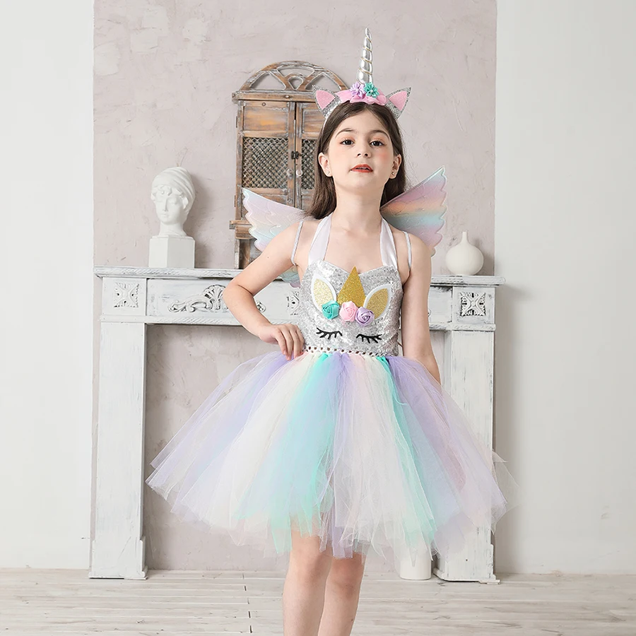 Sequin Unicorn Flower Girls Tutu Dress Pastel Rainbow Pony Dress Kids Halloween Birthday Party Carnival Costume Unicorn Outfit (1)