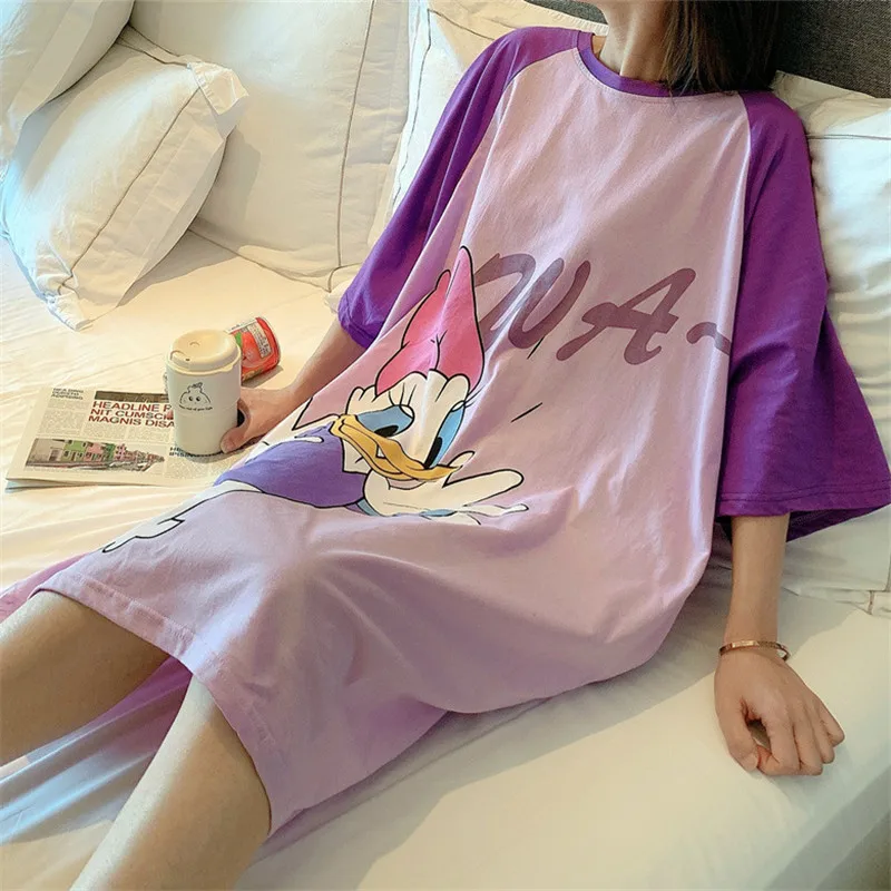 Cartoon Mickey Duck Fashion Print Summer Short Sleeve Nightdress Pajamas Women's Summer Long Skirt Loose Home Wear Pajamas 5