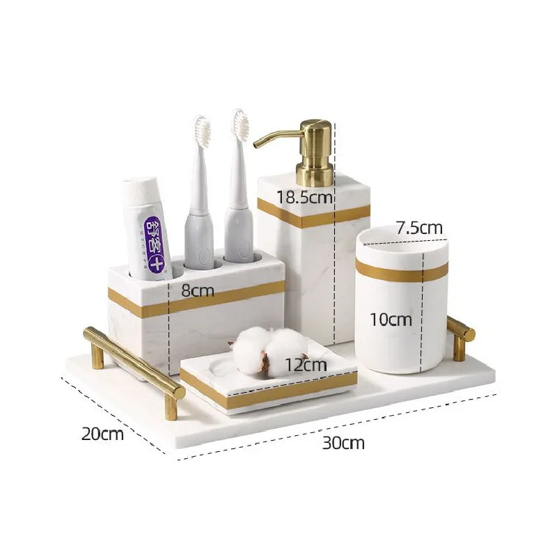 Bathroom Accessories Marble Soap Dispensers/Dish Toothbrush Holder Gargle Cups Tray Wedding Gifts Gold Head White By Piece
