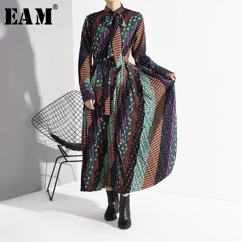 

[EAM] Women Pattern Pritn Split Joint Temperament Dress New Bow Collar Long Sleeve Loose Fit Fashion Spring Autumn 2020 A853