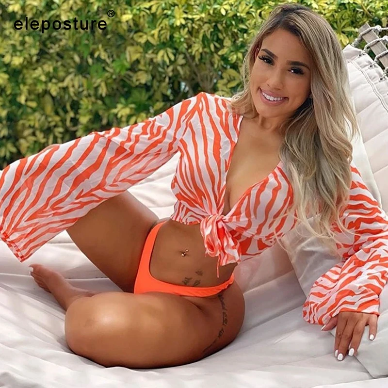 

2020 Sexy Three Pieces Bikini Set Bell Sleeve Bikini Cover Up Swimwear Women Swimsuit Print Bathing Suit Beachwear Swimming Suit