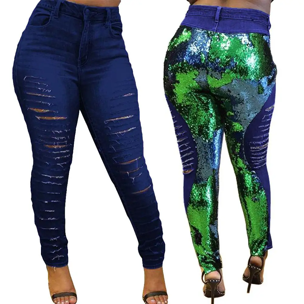 

Fashion Sexy Women Jeans Shiny Reversible Pant Sequins Color Changing Ripped Jeans Women Skinny Denim Pants for Women