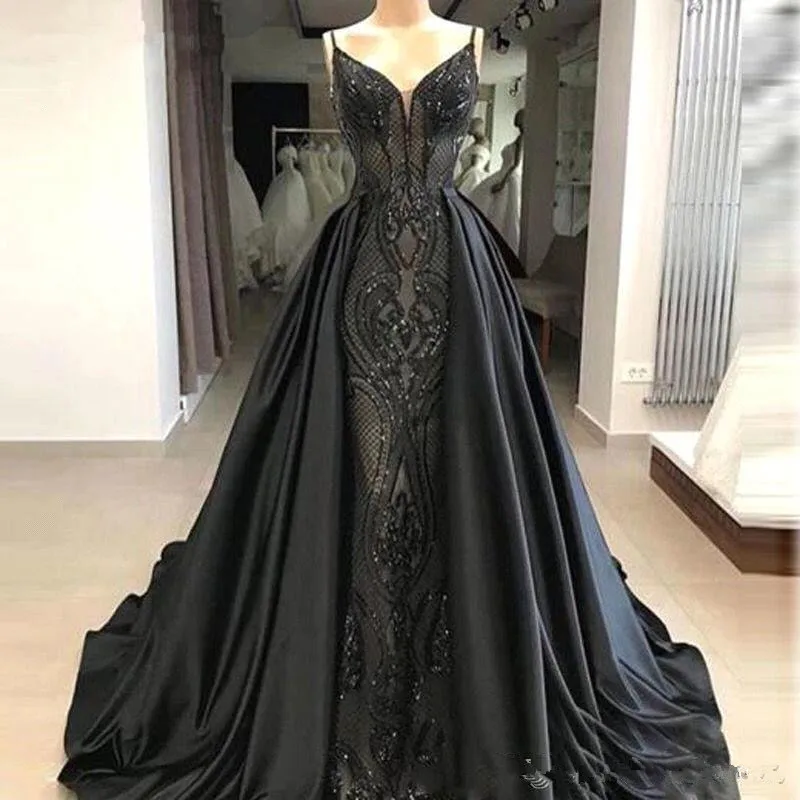 2019 Black Spaghettibandjes Kant Mermaid Lange Prom Dresses Satin Over rokken Floor Lengte Formele Party Avondjurken