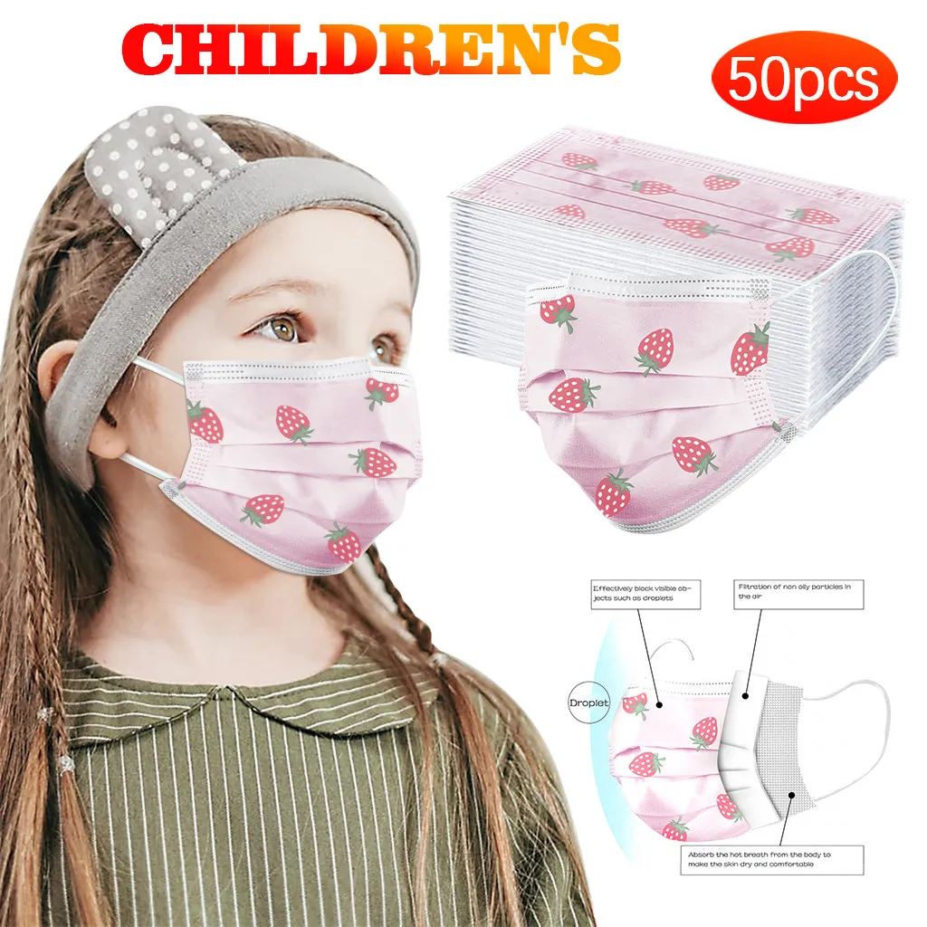 Mascarilla desechable con diseño de fresa Industrial para niños, Máscara protectora de 3 capas con elásticos para las orejas, 50 unidades