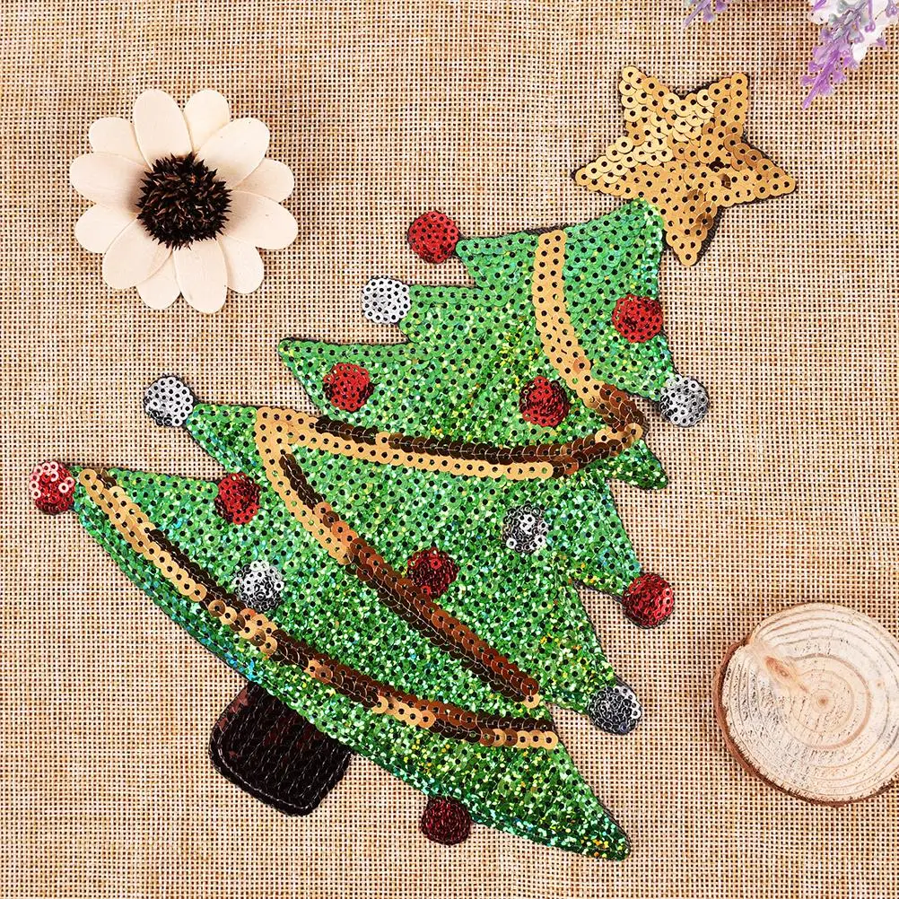 

2020 For Clothing Appliques Bag Transfer Iron On Patches Patch Sequins Christmas Trees Pattern Patches Stickers