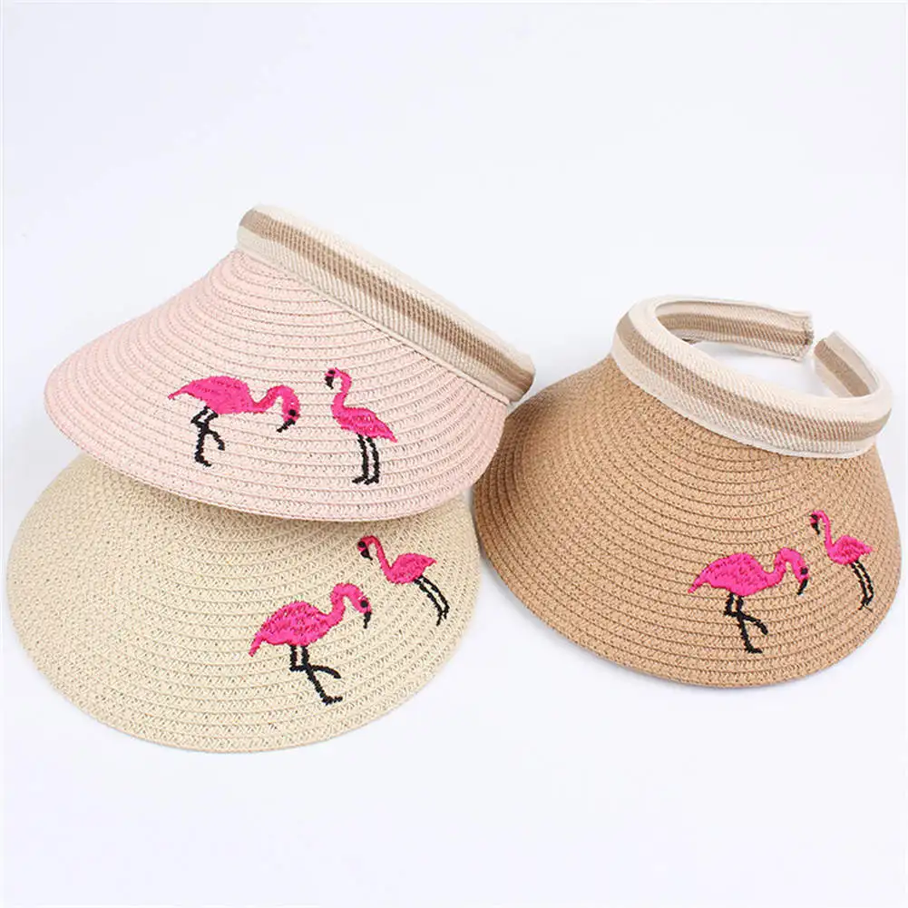 Straw Flamingo Embroidered Sunhat for Kids 3-8 Years Open Top Cap