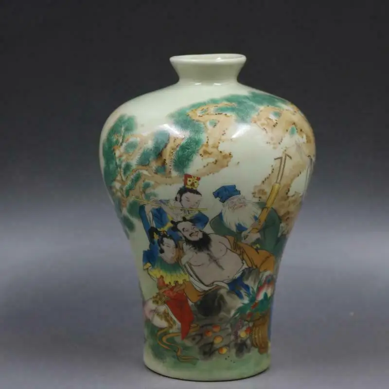 

Old China qing tongzhi marked famille rose Eight Immortals character vase 6.5"