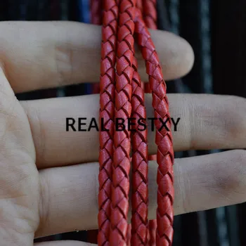 

5m/lot approx: 4mm red Round Black Braided Genuine Leather Strip Cord String Rope For Bracelet Necklace Jewelry Making real cow